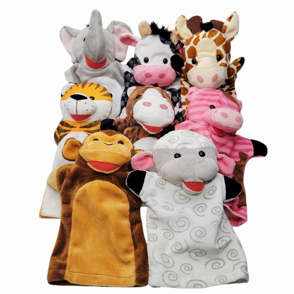 7 Pc Plush Animal Hand Puppet Lot Monkey Giraffe Pig Cow Tiger Sheep Rhino Horse